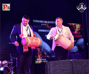 Igor Mazurenko and Kirill Yakovlev playing the Dhol (drum) 